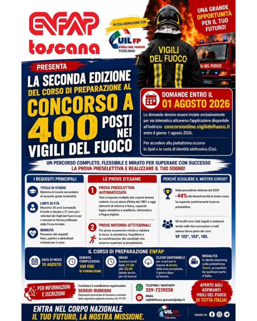 Locandina del corso ENFAP e UIL FP Toscana per il concorso pubblico a 400 posti nei Vigili del Fuoco