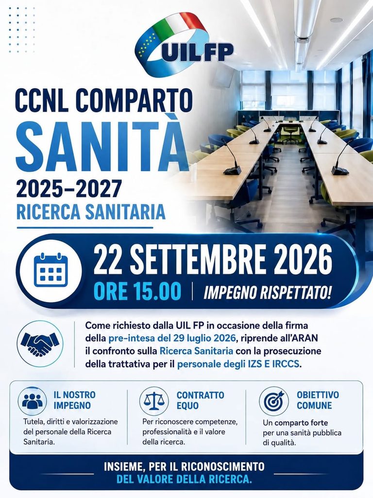 UIL FP: ripresa della trattativa sulla Ricerca sanitaria per IZS e IRCCS, 22 settembre 2026 alle ore 15.00